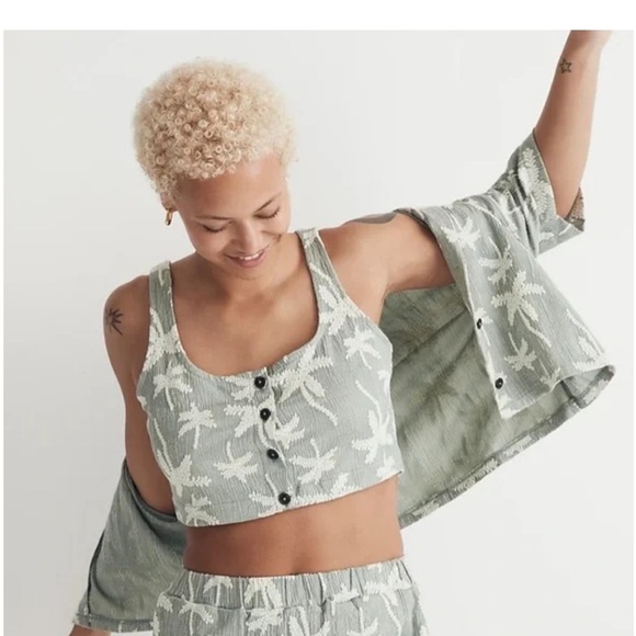 Madewell Crop Top Tank Green Palm Tree Square Neck Jacquard - Picture 7 of 7